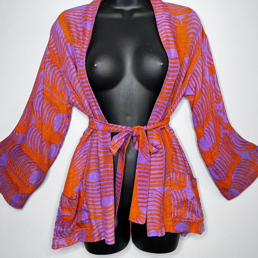 Vibrant Luxurious Beautiful Silk Linen Tucker Kimono Belted Jacket with …